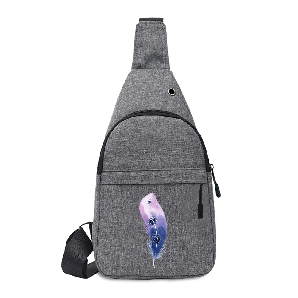 Men Chest Crossbody Bag Feather Print Canvas Handbags Women Bags