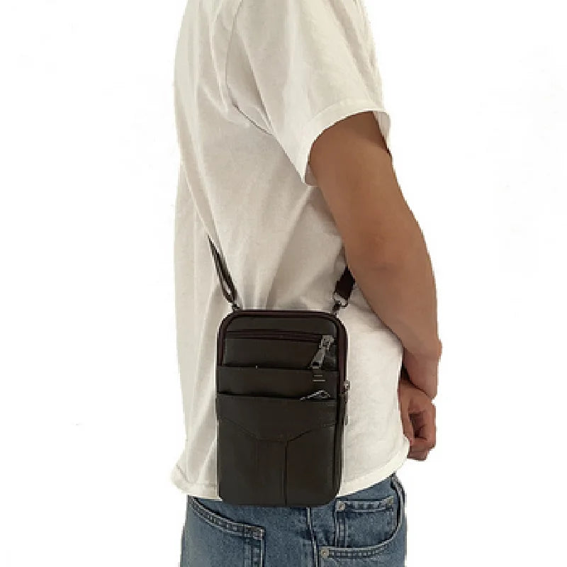 Men Cowhide Leather Fanny Waist Bag Classic Texture Business Phone Purses
