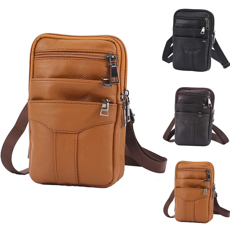 Men Cowhide Leather Fanny Waist Bag Business Phone Purses Shoulder Bag