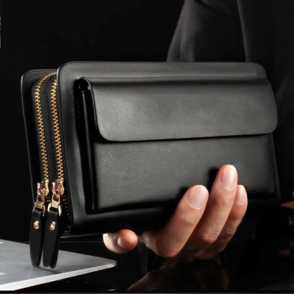 Men Faux Leather Double Zipper Wallet Money Holder Clip Clutch