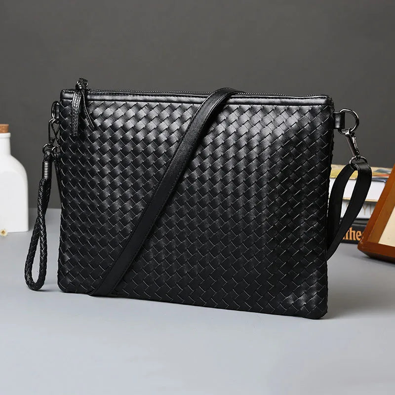 Men Leather Envelope Handbag Weave Briefcase