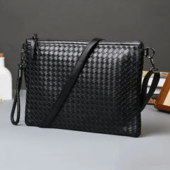 Men Leather Envelope Handbag Weave Briefcase
