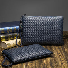 Men Leather Envelope Handbag Weave Briefcase