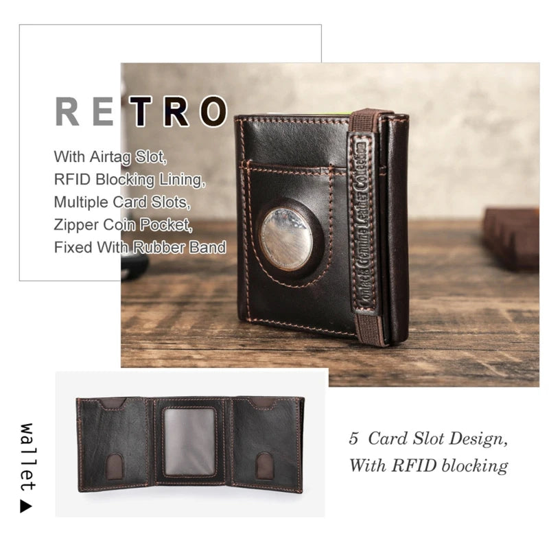 Men Leather Trifold Wallet RFID with Airtag