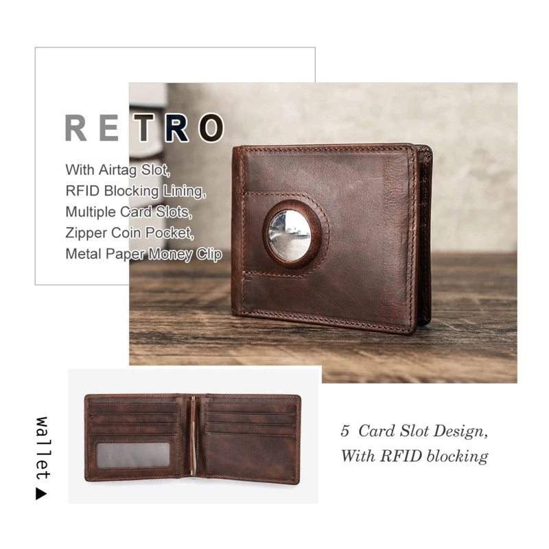 Men Leather Slim Wallet RFID Money Case Wallets with Airtag