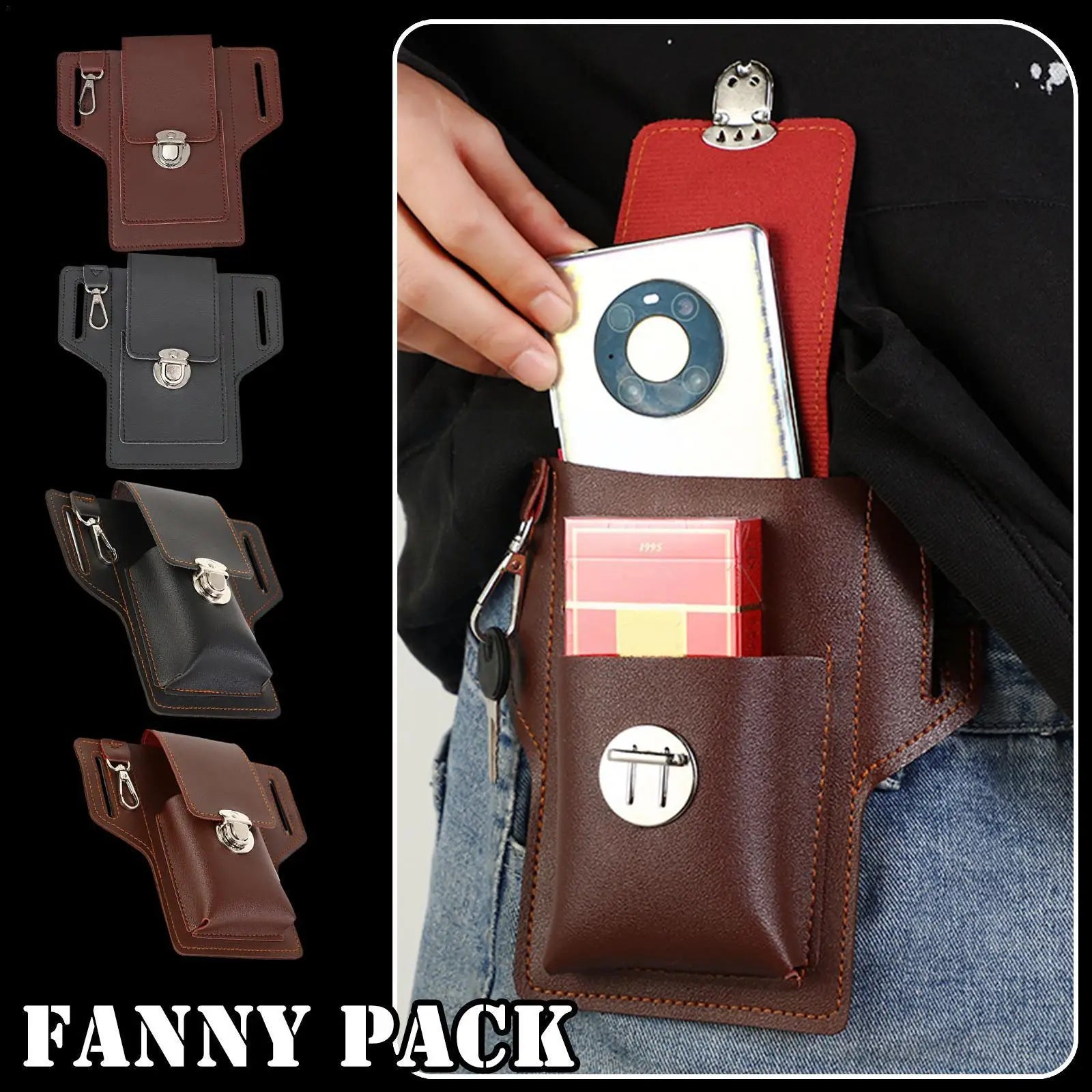 Men Leather Waist Bag Large Capacity Multi-layer Buckle Box Bag