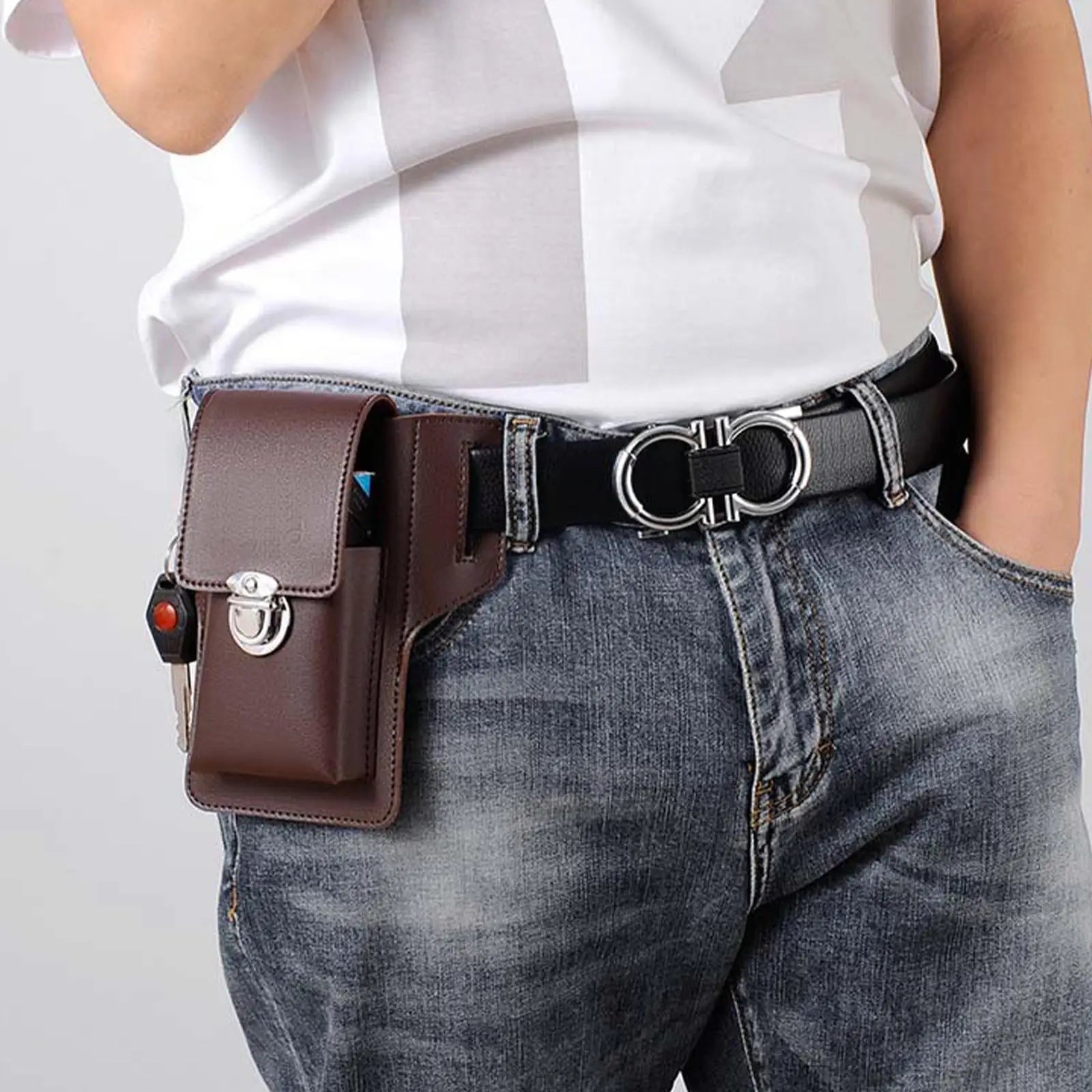 Men Leather Waist Bag Large Capacity Multi-layer Buckle Box Bag
