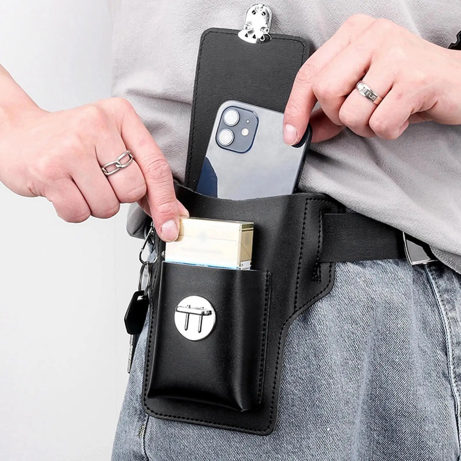 Men Leather Waist Bag Large Capacity Multi-layer Buckle Box Bag