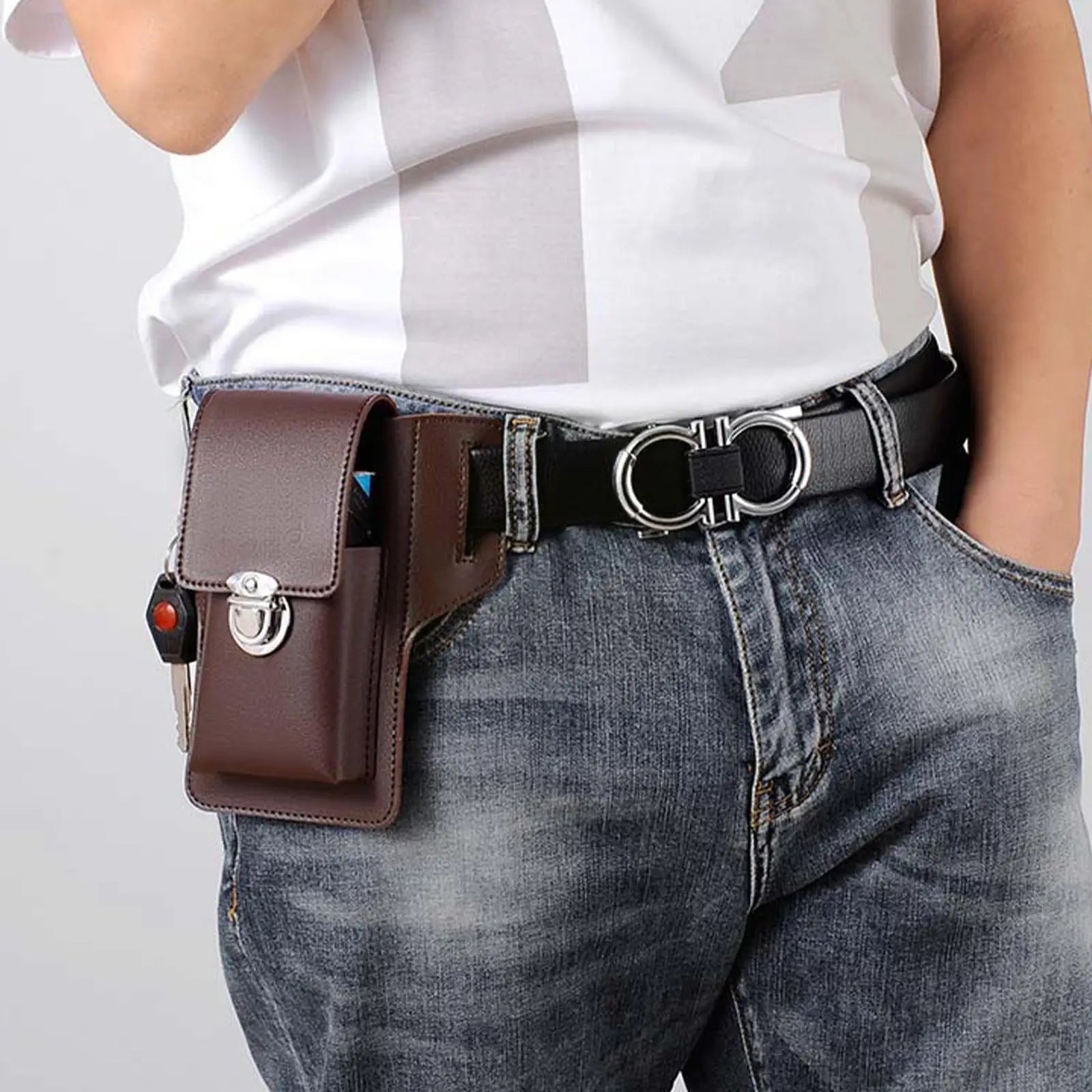 Men Leather Waist Bag Large Capacity Multi-layer Buckle Bum Packs