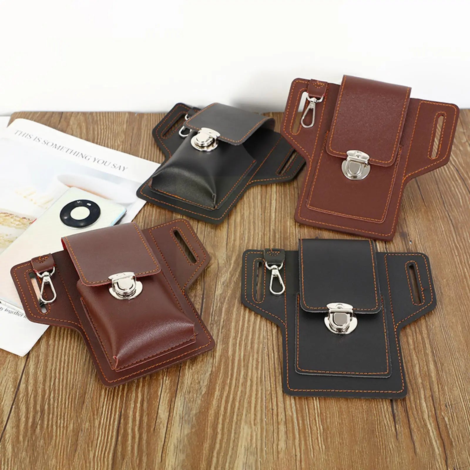 Men Leather Waist Bag Large Capacity Multi-layer Buckle Bum Packs