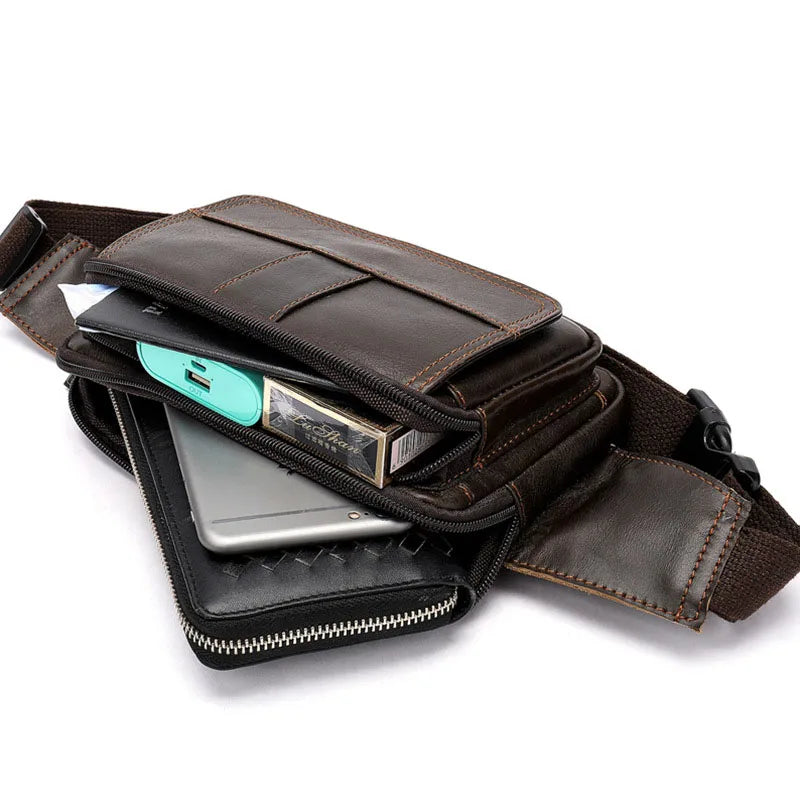 Men Leather Waist Bag Outdoor Pockets Chest Bag Man Shoulder Packet