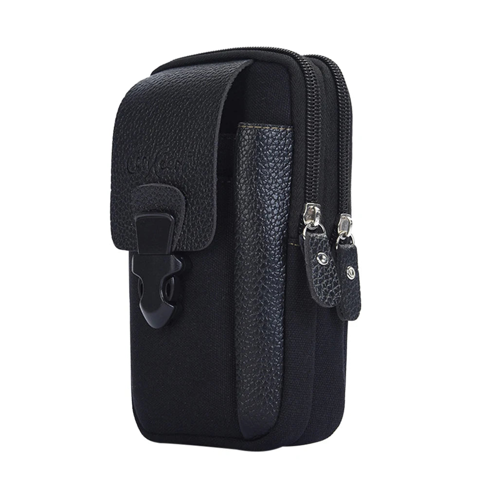 Men Canvas PU Leather Waist Bag Phone Purse Business