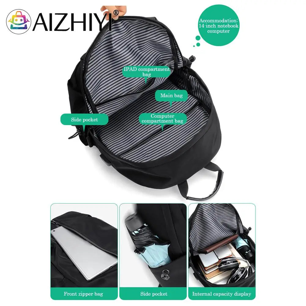 Men USB Charging Laptop Backpack Waterproof School Bag