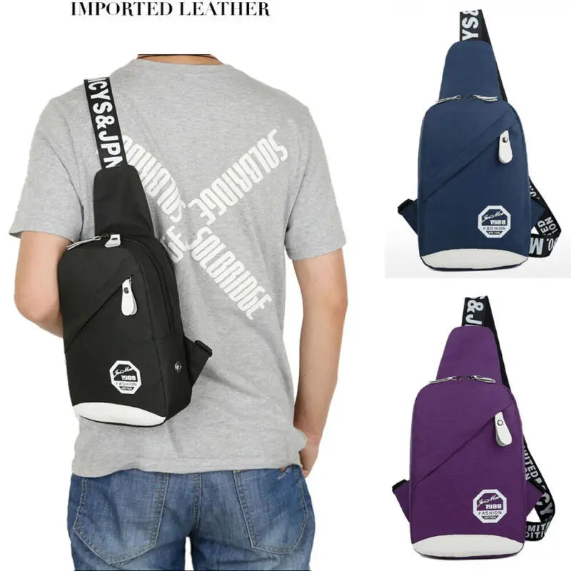 Men Nylon Sport Sling Shoulder Small Bag Chest Pack Backpack USB Charging