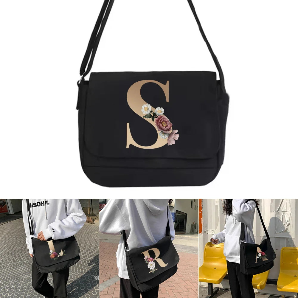 Outdoor Crossbody Tote Canvas Messenger Travel Bag Initial Name Series