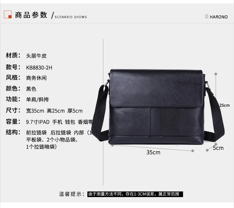 Men Shoulder Bag Cow Leather Messenger Sling Bag