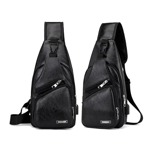 Men Shoulder Chest Bag USB Charging PU Leather For Mobile Phone