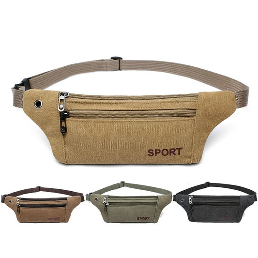 Men Sport Durable Fanny Waist Pack Belt Canvas Hip Bum Bag Pouch Three Zipper