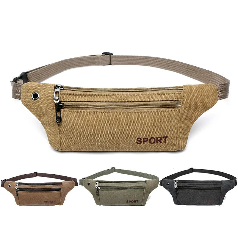 Men Sport Durable Fanny Waist Pack Belt Canvas Hip Bum Bag Pouch Three Zipper