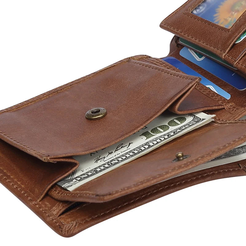 Men Short Bifold Leather Wallet with Coin Pocket