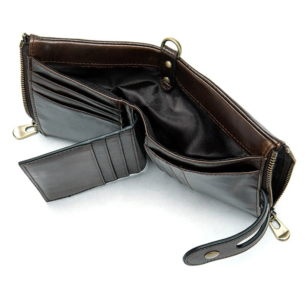 Men Leather Wallet Chain Zipper Male Purse Engraving Vintage High Quality