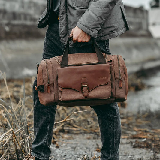 Men Weekend Bag Canvas Leather Carry-on Luggage Tote Utility Travel Bag