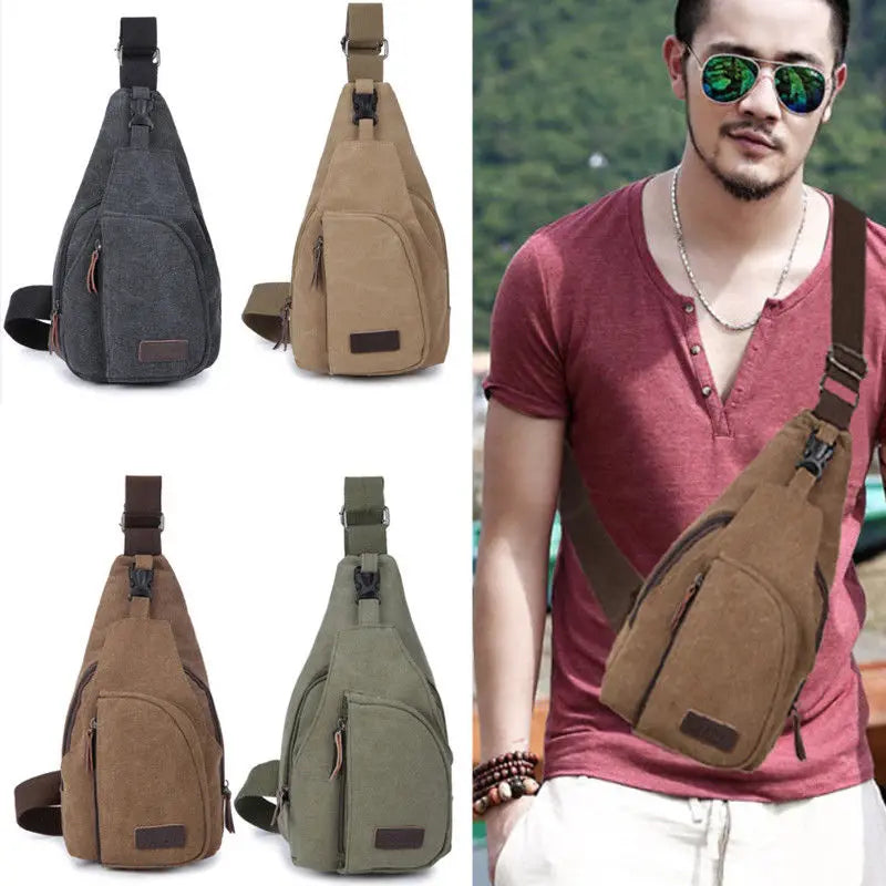 Vintage Canvas Leather Satchel Shoulder Sling Small Chest Bag Pack Travel