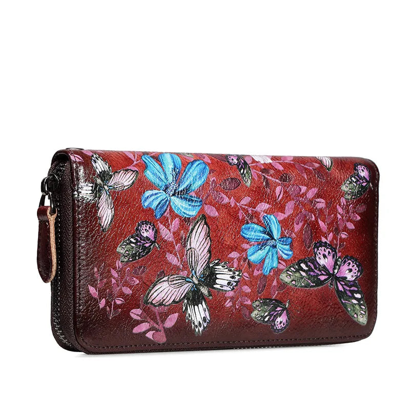Women Wallets Purses Leather Wristband Flowers Butterfly Long Purse