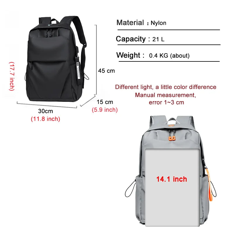 Men's Lightweight Laptop Bag USB Business Travel Backpack