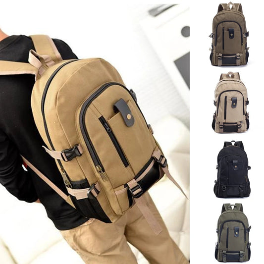 Men's Canvas Backpack Large Schoolbag Solid Rucksack Casual Travel Bag