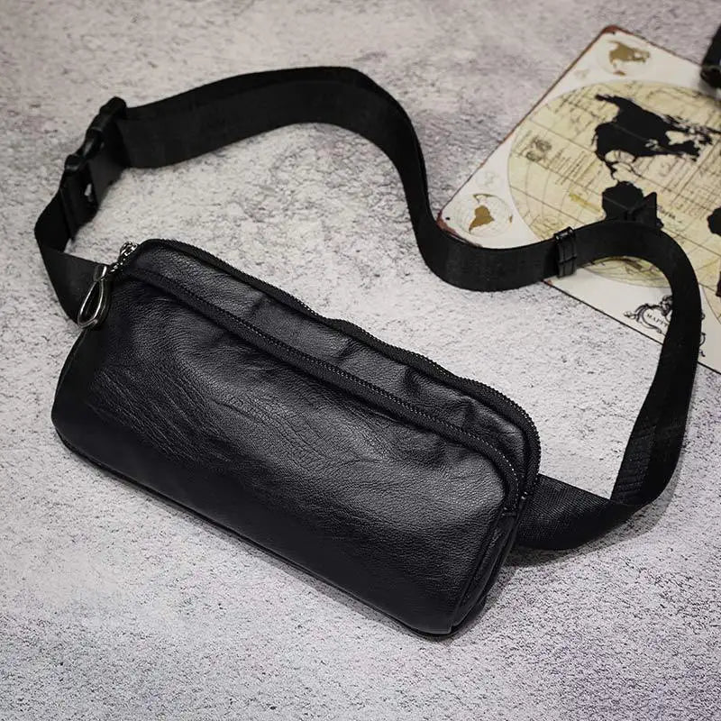 Men's Casual Chest bag PU Leather Waist bag Small Double zipper Messenger Bag