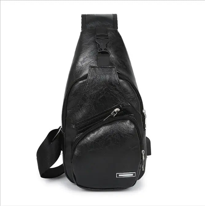 Men's Leather Chest Bag USB Charging Waterproof Crossbody Bag