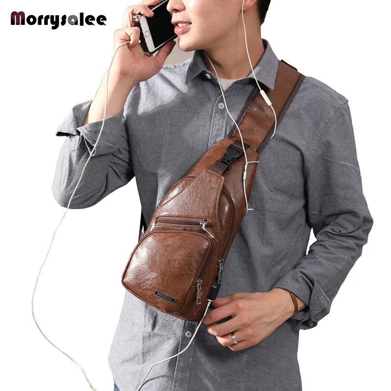 Men's USB Chest Bag Messenger bag Leather Shoulder Bags