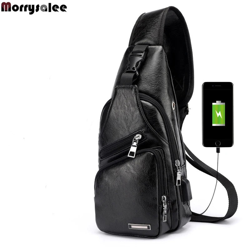 Men's USB Chest Bag Messenger bag Leather Shoulder Bags