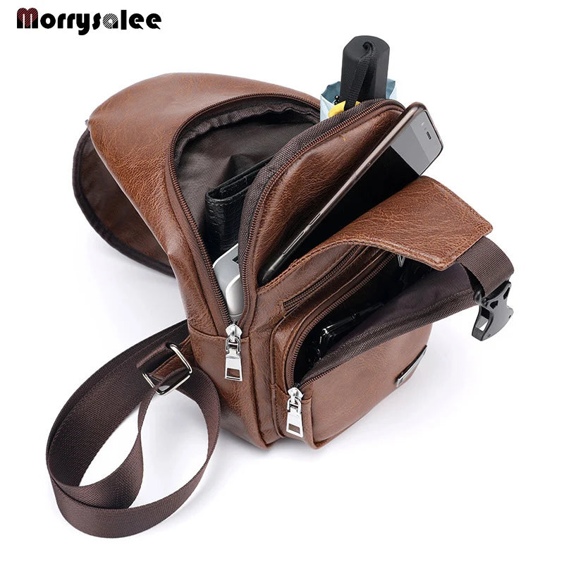 Men's USB Chest Bag Messenger bag Leather Shoulder Bags