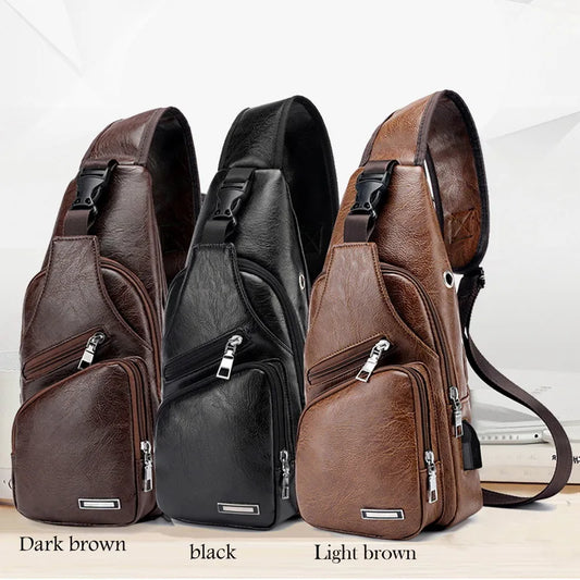 Men's Crossbody Chest Bag USB Charging Leather Shoulder Bag