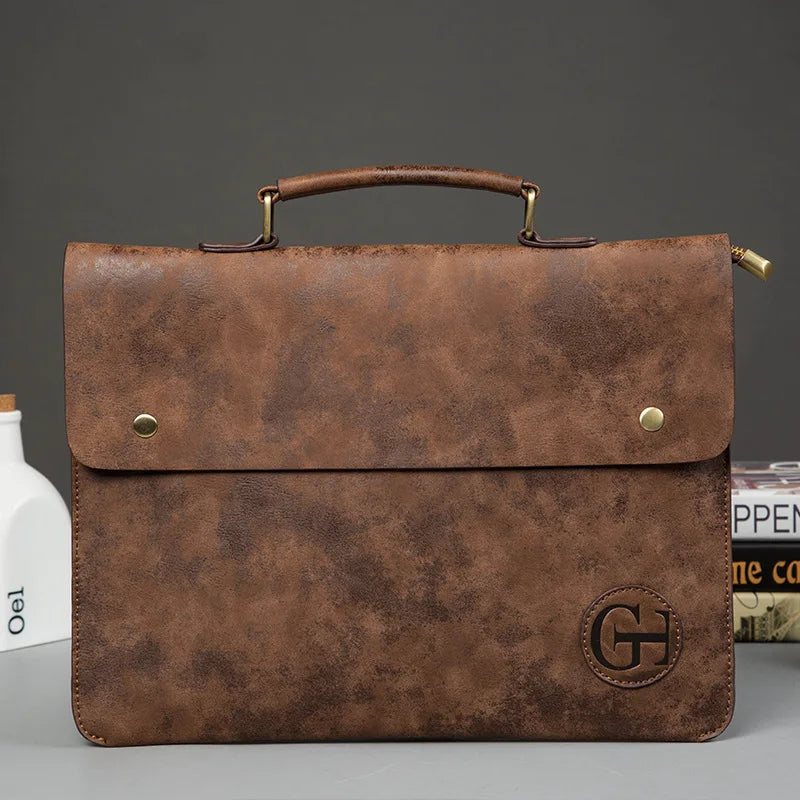 Men's Leather Briefcase Office Handbag Vintage File Bag Brown