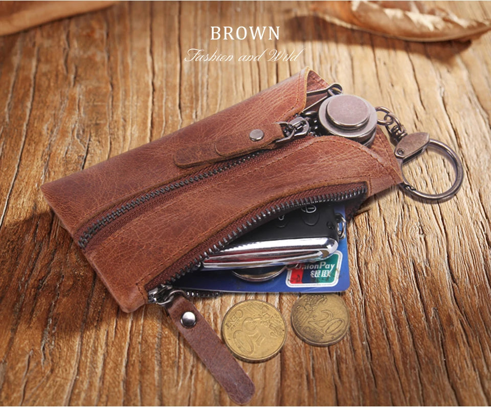 Men's Leather Key Wallet with 6 Key Holder Hooks Zipper Pocket
