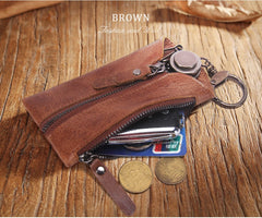 Men's Leather Key Wallet with 6 Key Holder Hooks Zipper Pocket