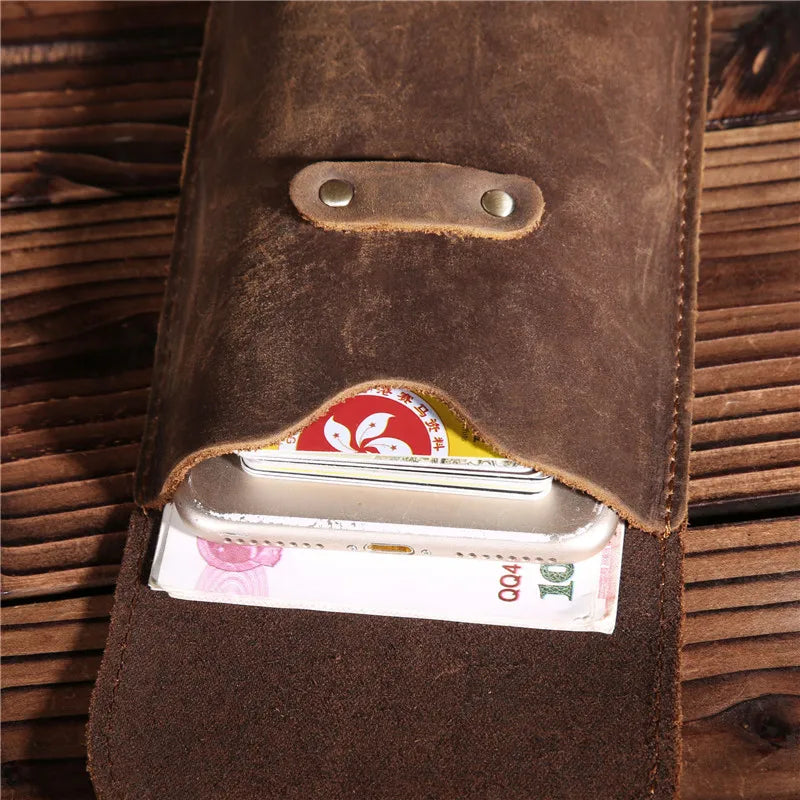 Men's Leather Fanny Waist Pack Small Mini Cell Phone Pocket Hook Vintage Bags