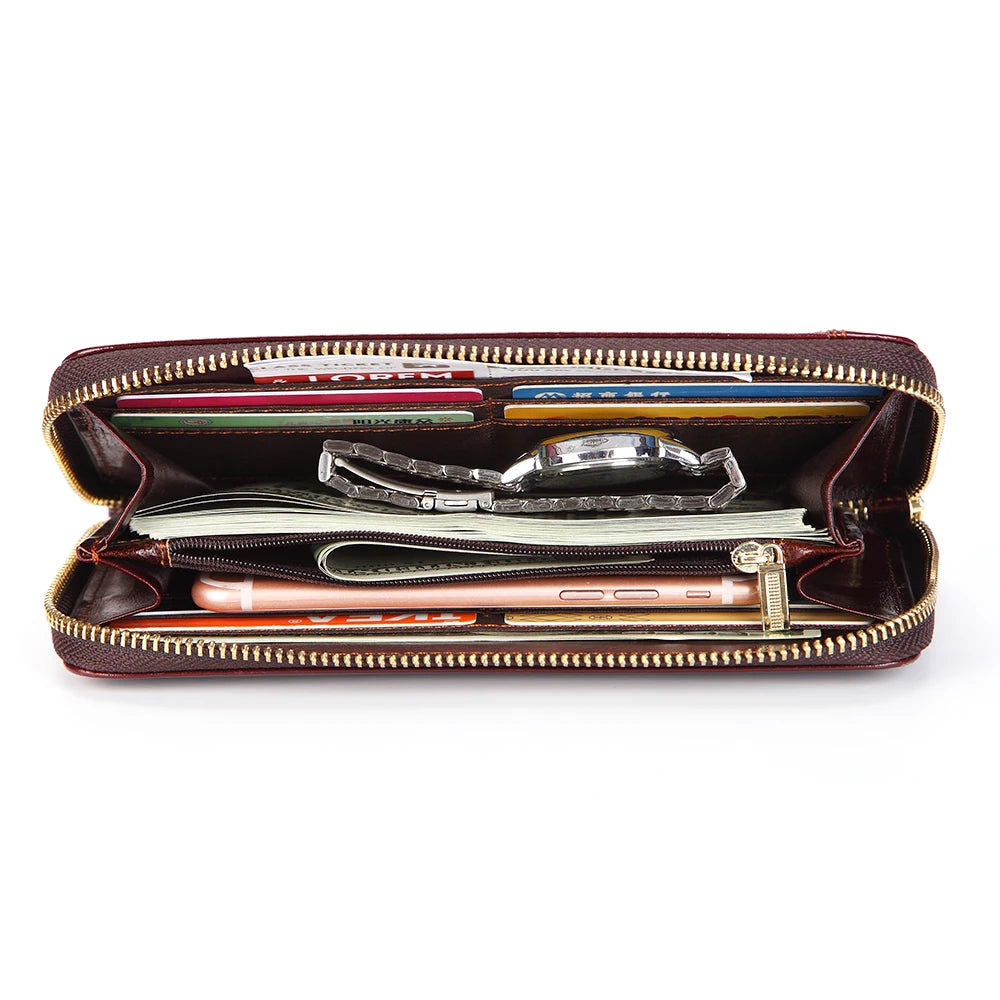 Men's Vintage Cow Leather Long Wallet Business Handbag