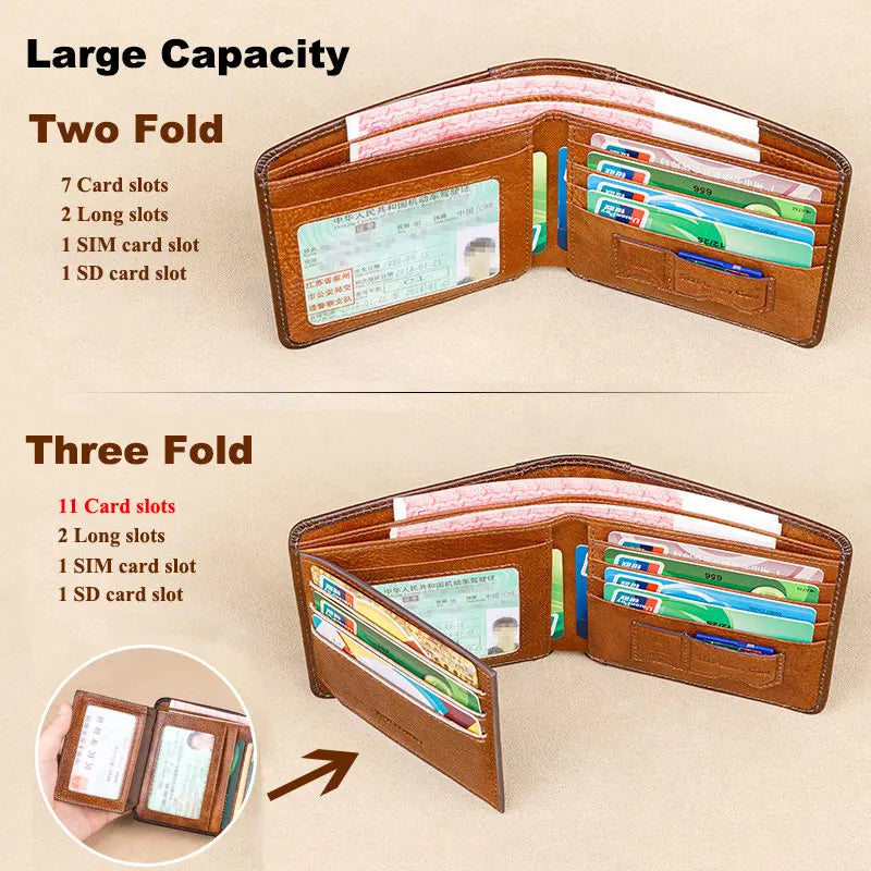 Men's RFID Blocking Leather Wallet Bifold Slim Short Capacity Cow Skin Purse