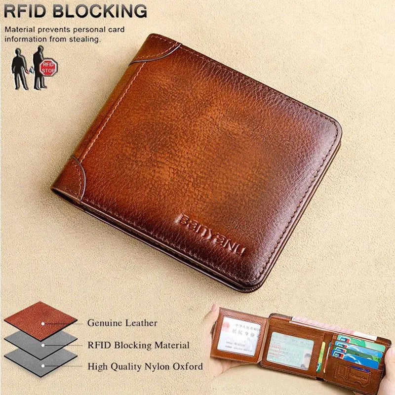 Men's RFID Blocking Leather Wallet Bifold Vintage Slim Short