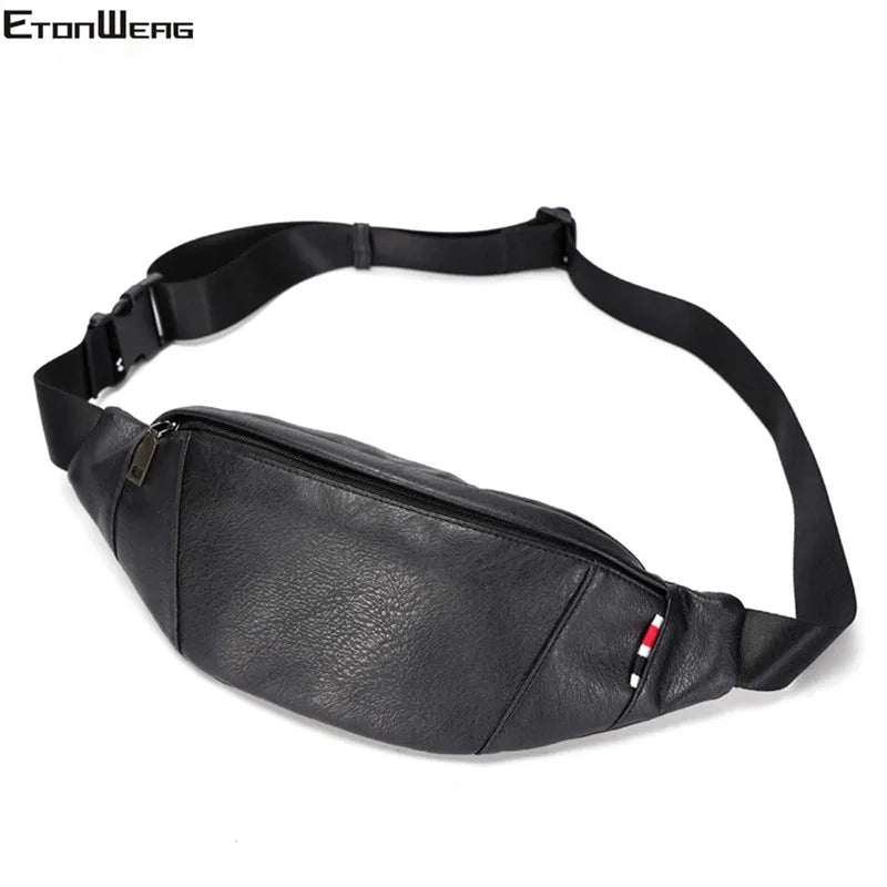 Men's Solid Chest bag PU Leather Waist bag Male small Messenger Bag zipper Vinta