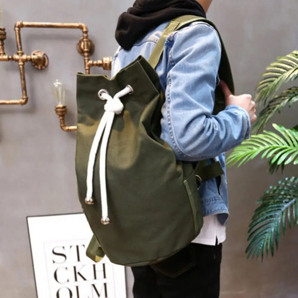 Men's Drawstring Canvas Bucket Bag Backpack