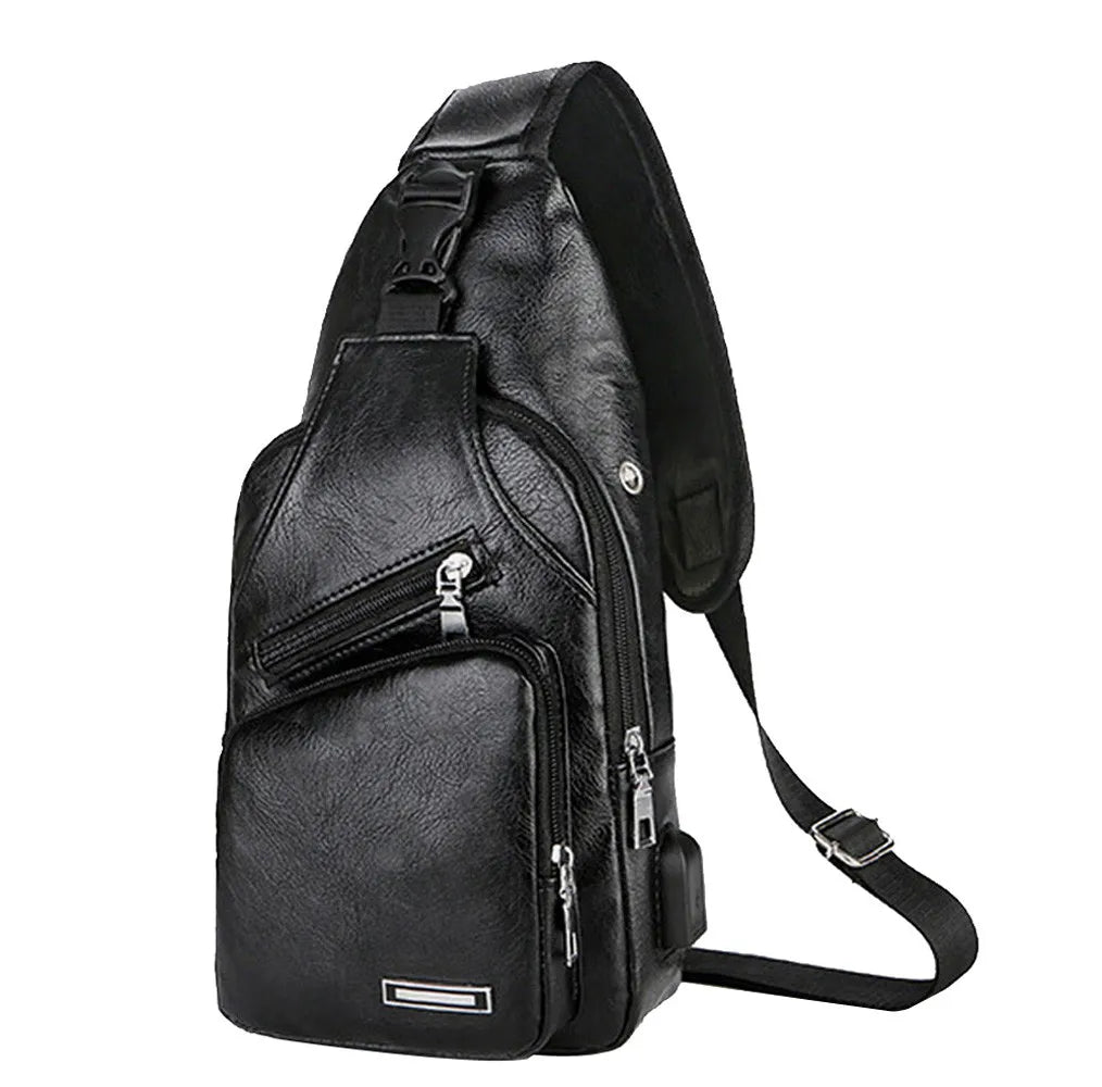 Men's Leather Chest Bag USB Charging Cross Body Travel Shoulder Bag