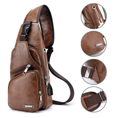 Men's USB Chest Bag PU Leather Shoulder Messenger Crossbody