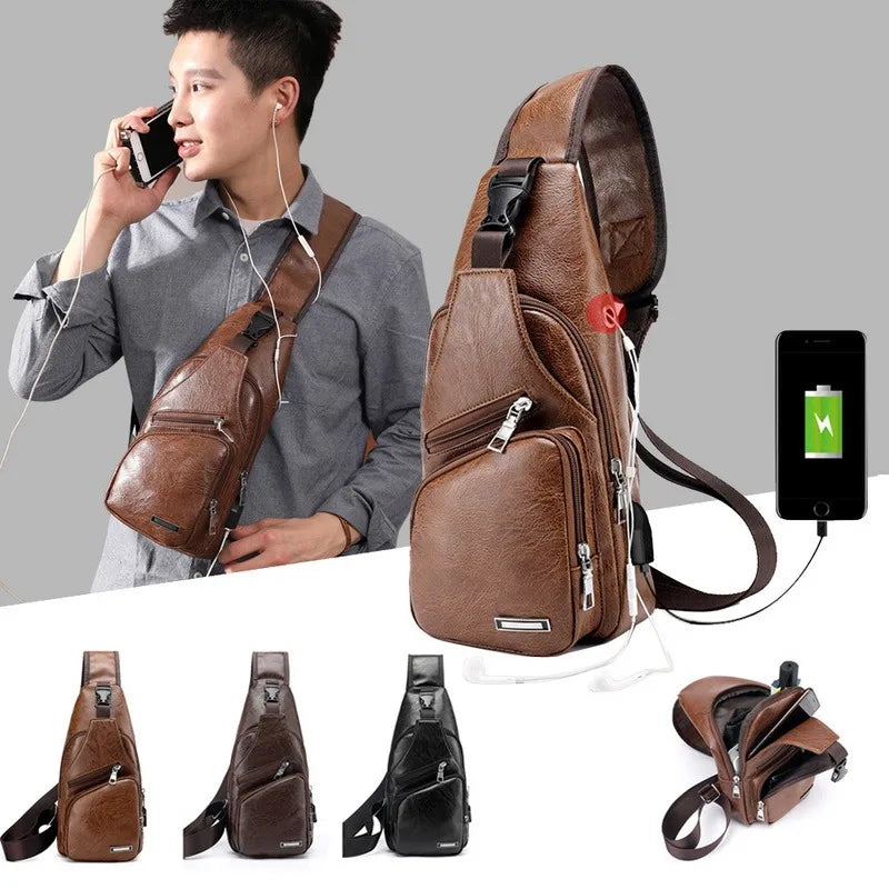 Men's USB Chest Bag PU Leather Shoulder Messenger Crossbody
