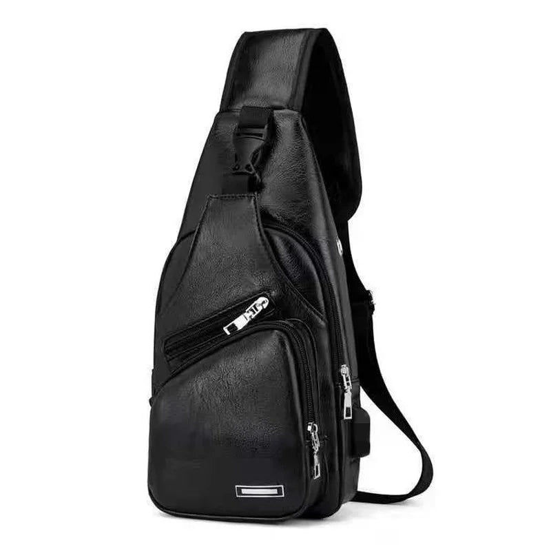 Men's USB Chest Bag PU Leather Shoulder Bags