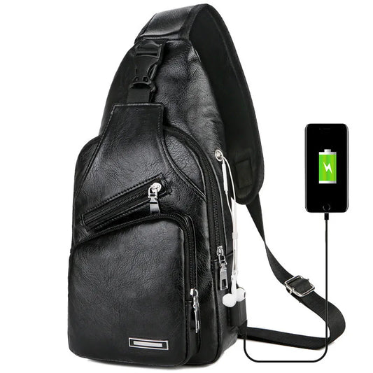 Men's USB Chest Bag PU Leather Shoulder Bags Travel Chest Bag Bolso Hombre